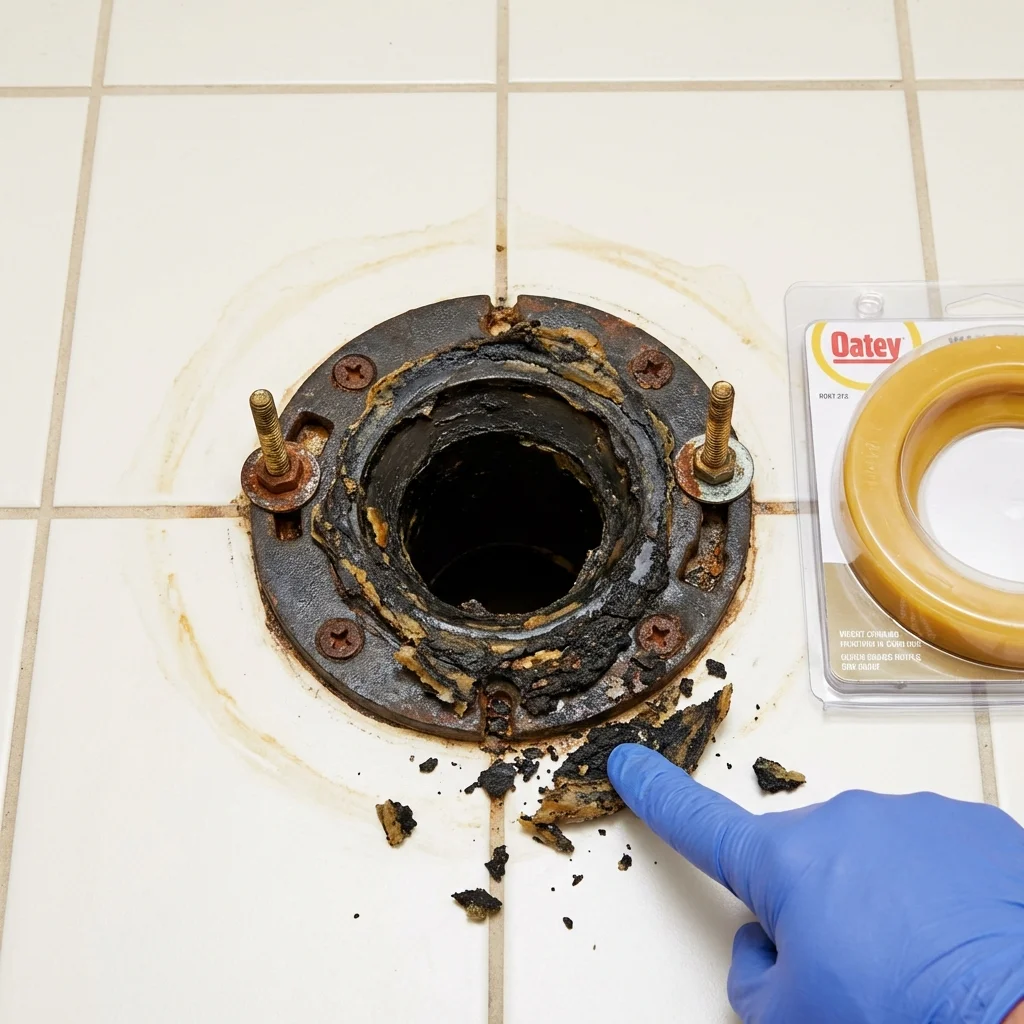 Failed wax ring showing water seepage at the base of a toilet in a Alma, WI home